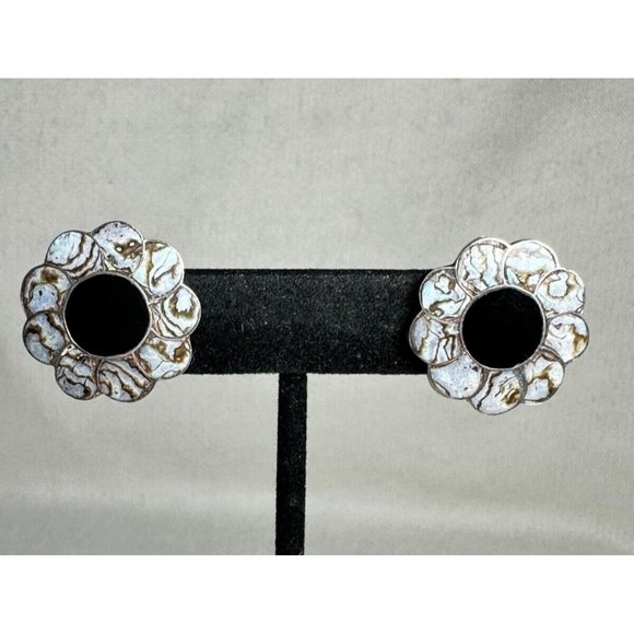 Abalone Shell and Onyx Inlay Sterling Flower Screw Back Earrings -Vintage- 7/8" - Picture 1 of 4